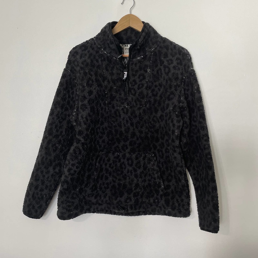 Victoria's Secret PINK Sherpa Animal Print Leopard Grey 1/4 zip Sweatshirt S